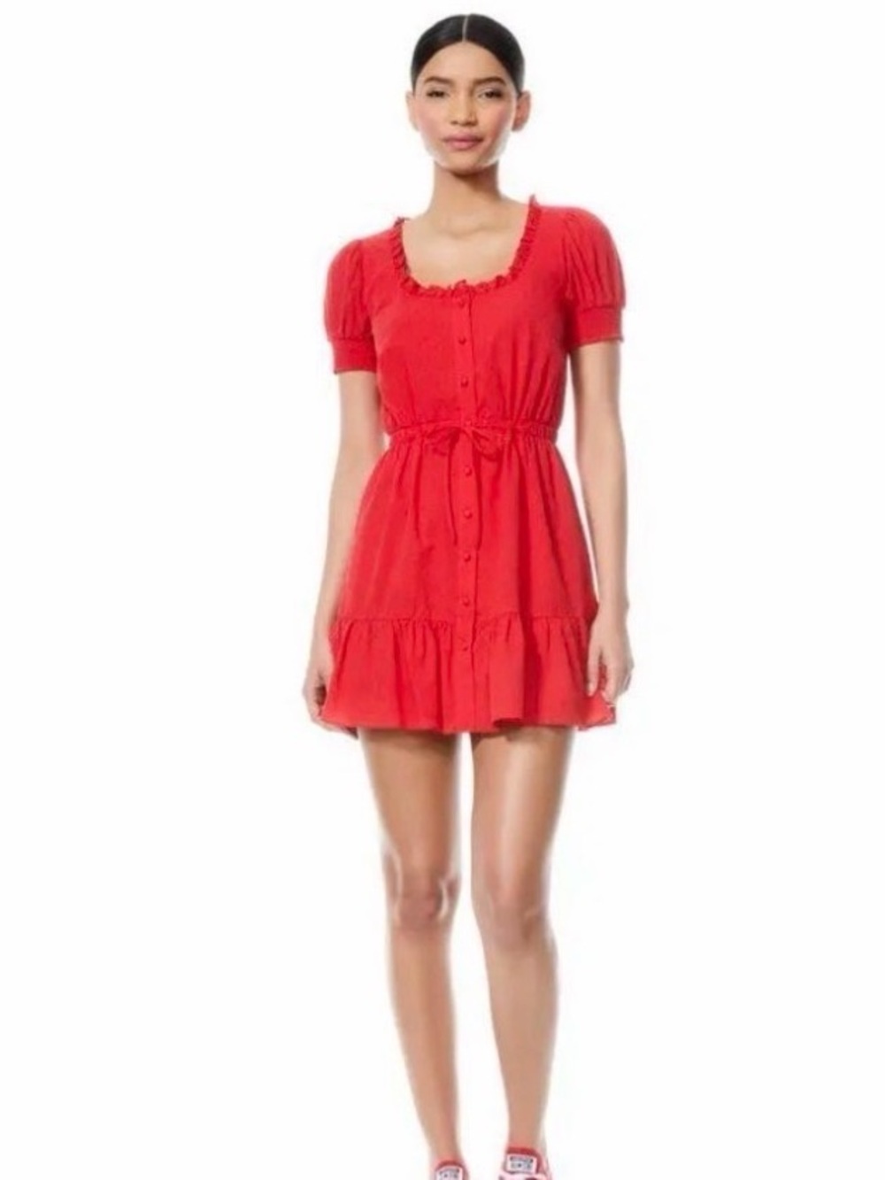Alice + Olivia | Red Button-Front Ruffle Short Sleeve Mini Dress